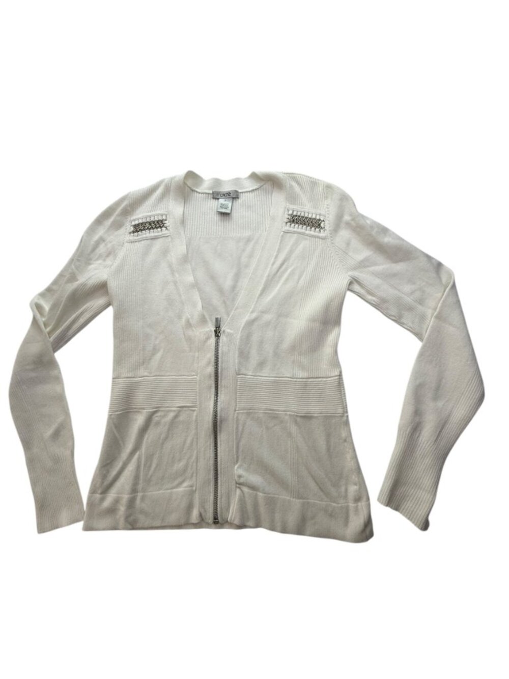 CACHE Sweater. White.  Metal Embellished V Neck Metal Zipper in Front Cardigan